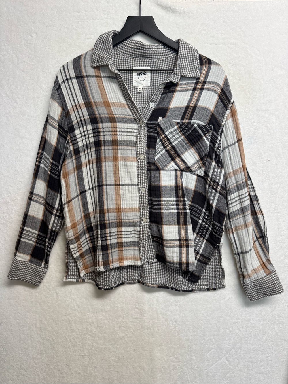 Aerie Womens Small Plaid Gauze Button Up Shirt Relaxed Boxy Fit Lightweight